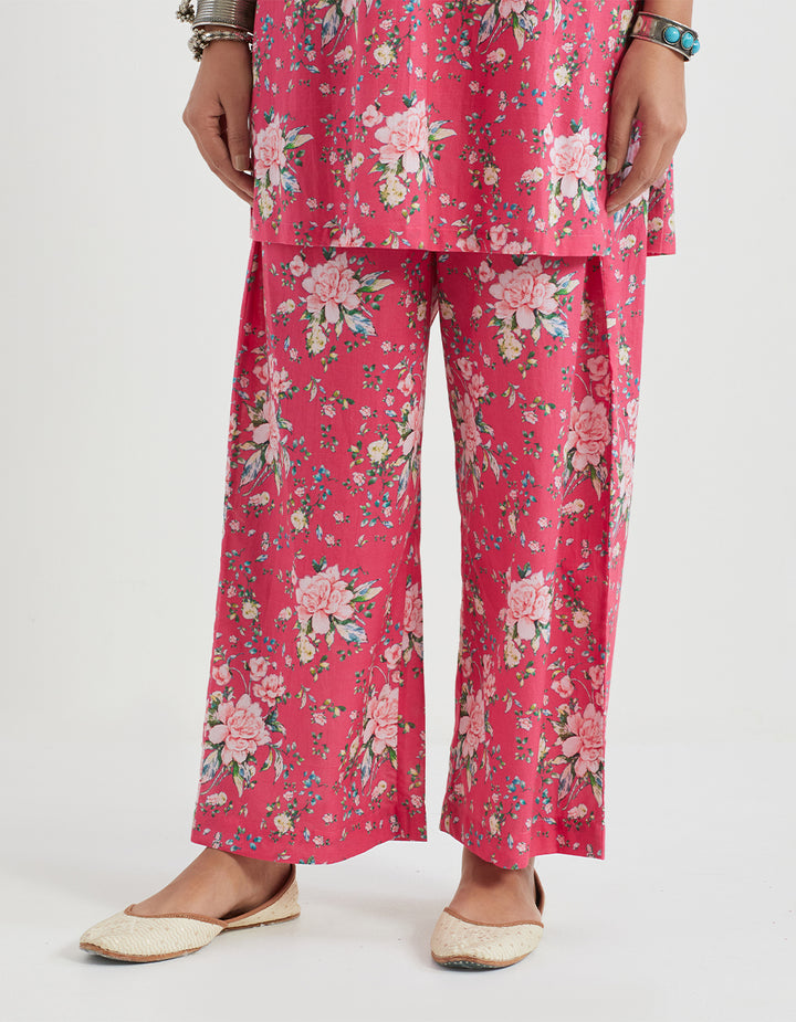 Pink Printed Cotton Kurta With Pants