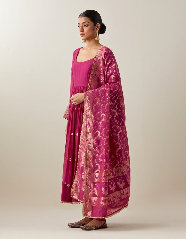 Magenta Light Chanderi Anarkali With Churidar and Banarasi Dupatta