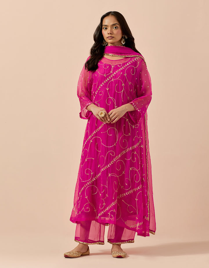 Magenta Organza Kurta and dupatta with organza and chanderi pants