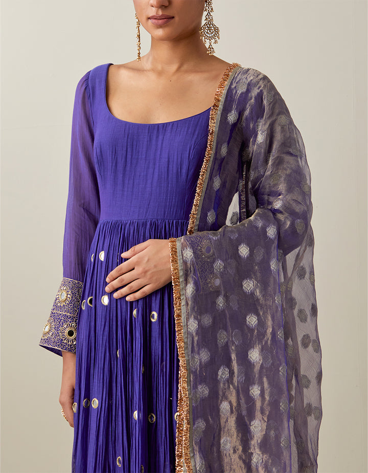 Blue Light Chanderi Anarkali With Churidar and Banarasi Dupatta