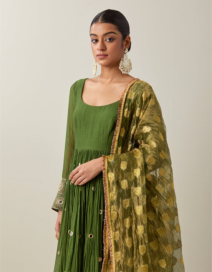 Green Light Chanderi Anarkali With Churidar and Banarasi Dupatta