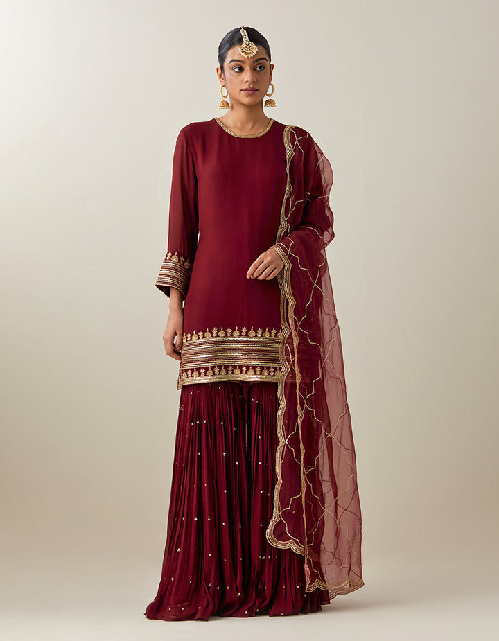 Maroon Georgette Kurta With Garara and Tissue Organza Dupatta