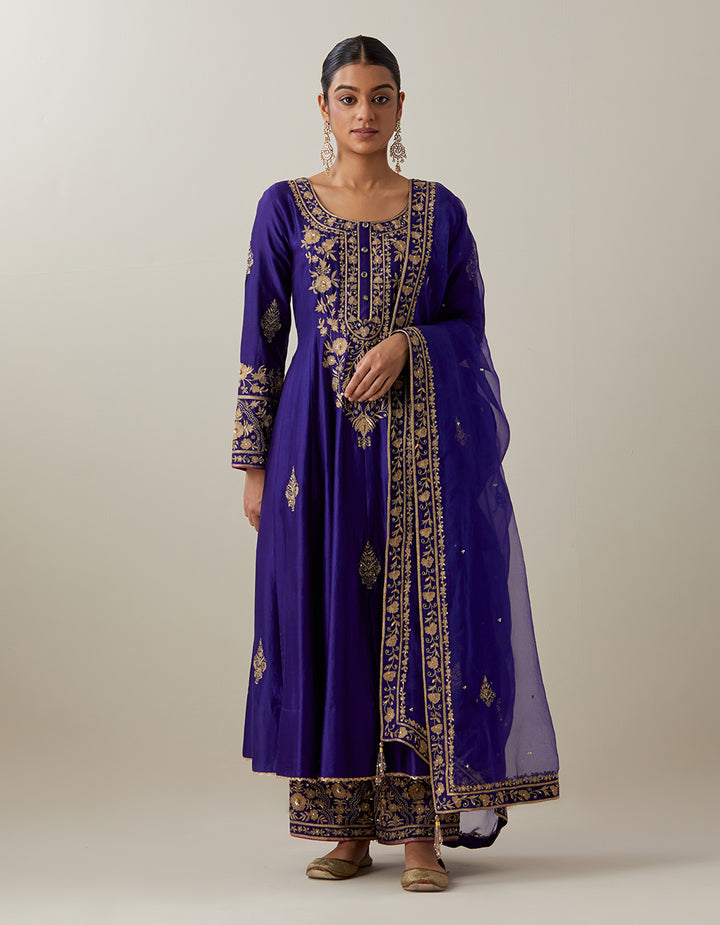 Purple Chanderi Silk Anarkali With Pants and Tissue Organza Dupatta