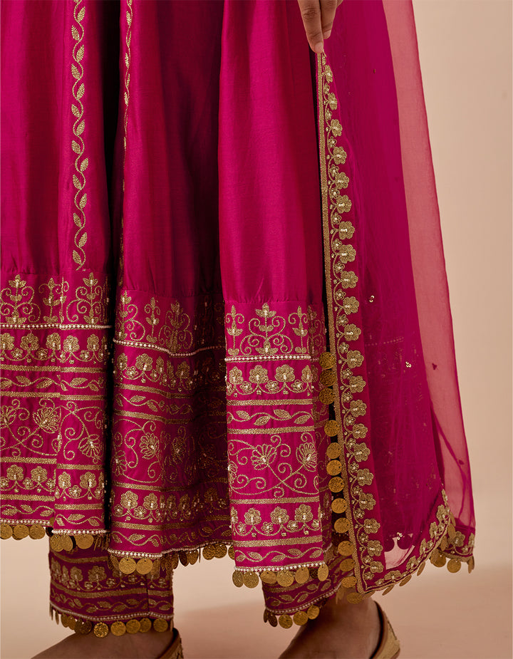 Magenta Chanderi Silk Anarkali With Pants and Organza Dupatta