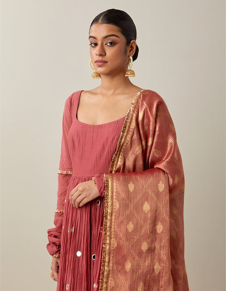 Rust Light Chanderi Anarkali With Churidar and Banarasi Dupatta