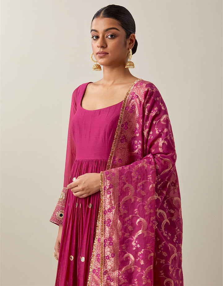 Magenta Light Chanderi Anarkali With Churidar and Banarasi Dupatta