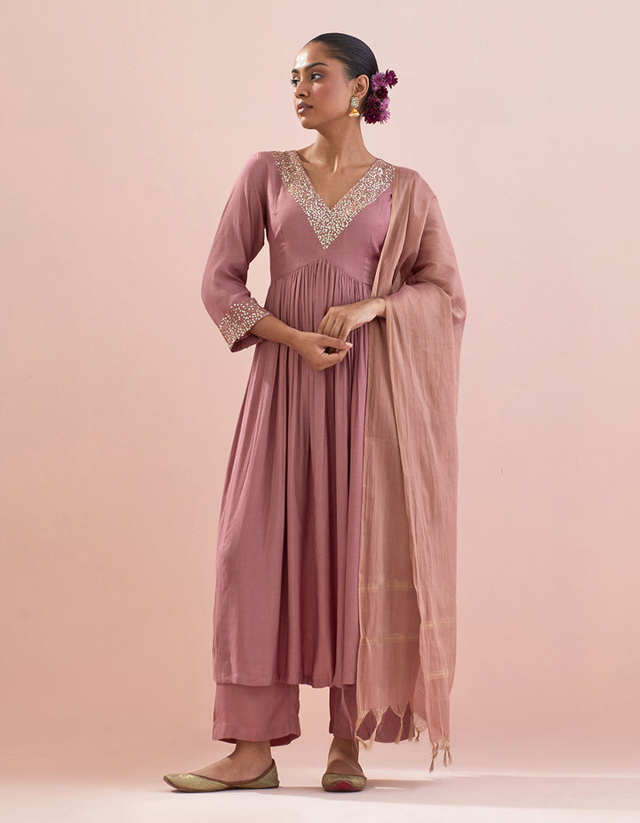 Dust Pink Muslin Kurta With Pants and Shimmer Organza Dupatta