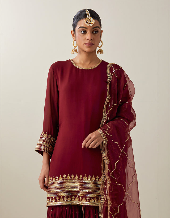 Maroon Georgette Kurta With Garara and Tissue Organza Dupatta