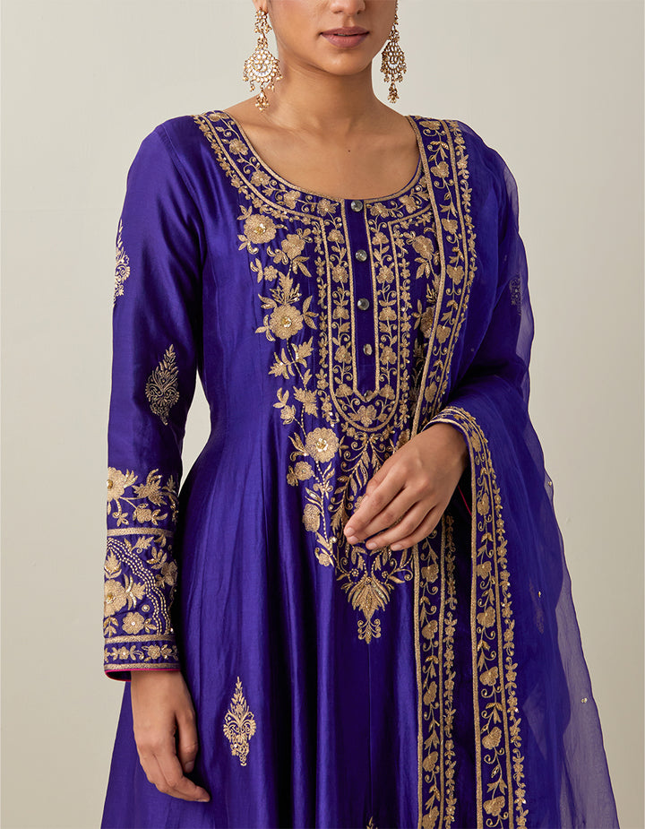 Purple Chanderi Silk Anarkali With Pants and Tissue Organza Dupatta