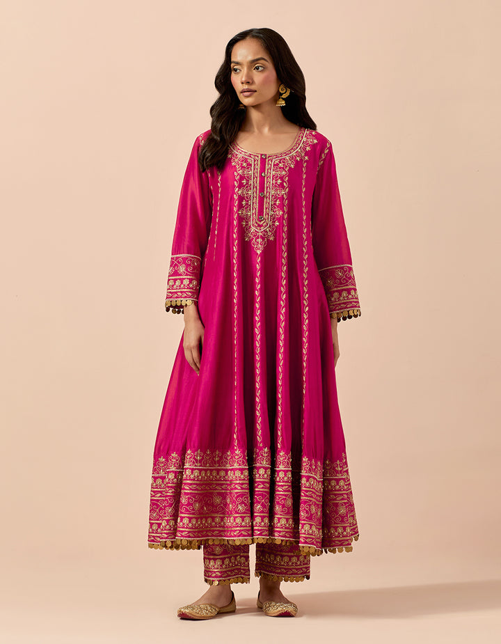 Magenta Chanderi Silk Anarkali With Pants and Organza Dupatta