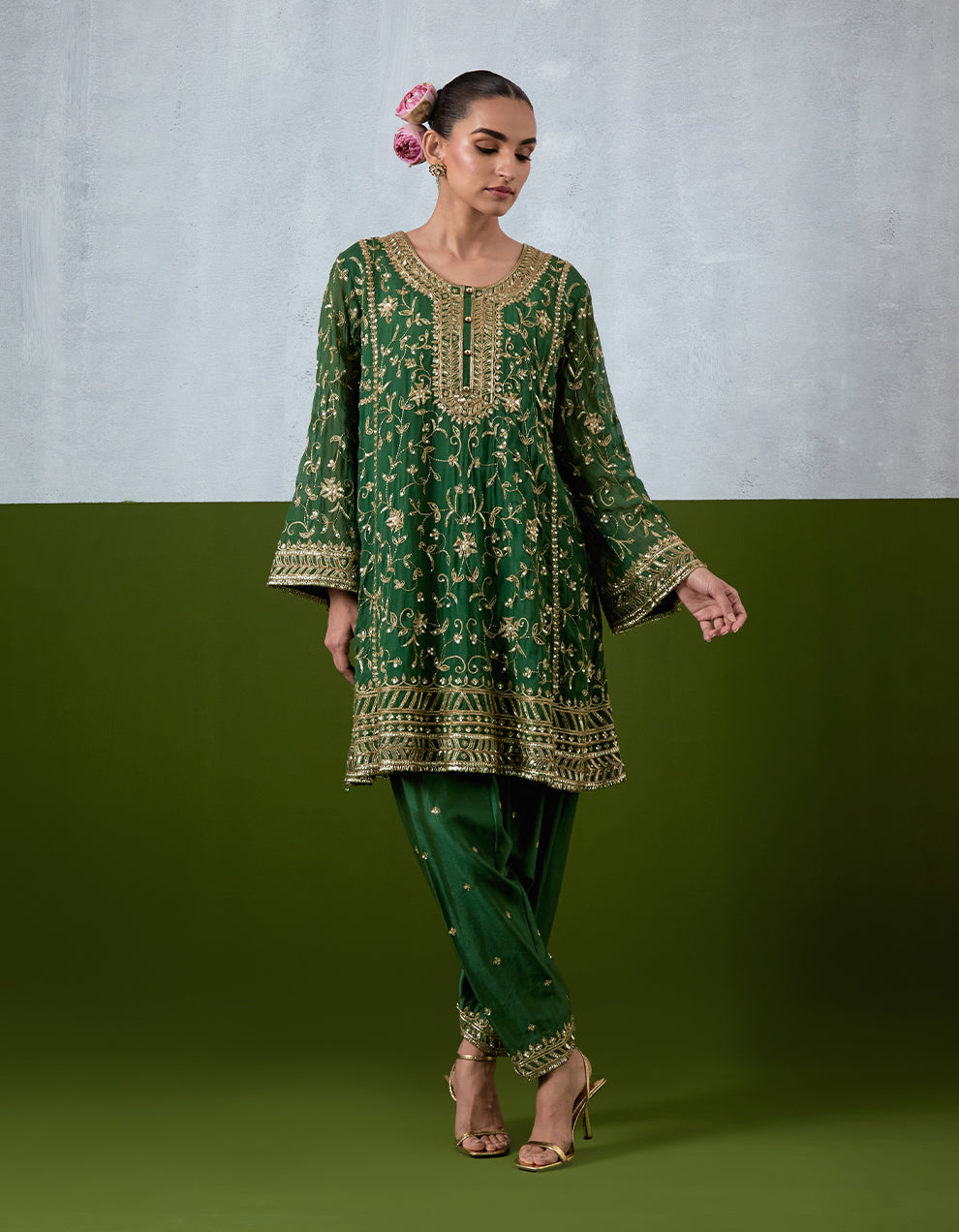 Green Hand Embroidered Chanderi Suit Set