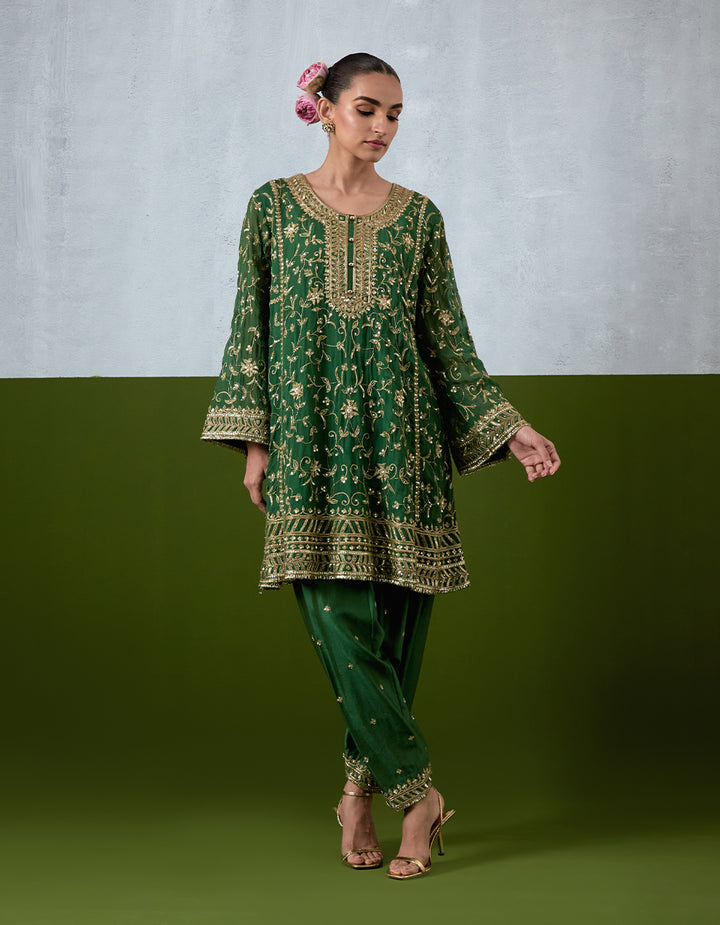 Green Hand Embroidered Chanderi Suit Set