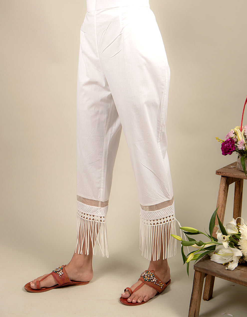 White cotton fringe pants