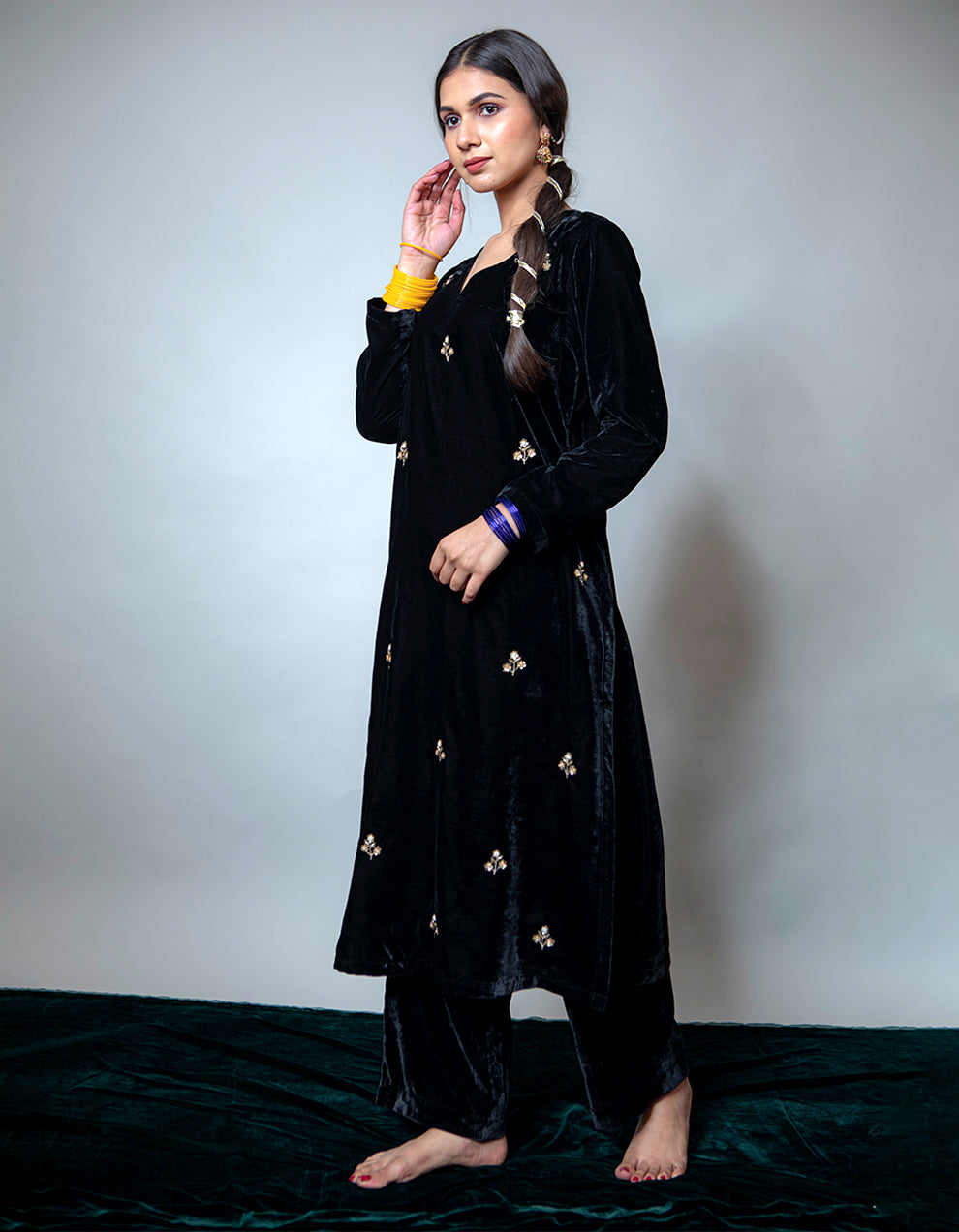 Black silk velvet embroidered kurta with pallazo pants