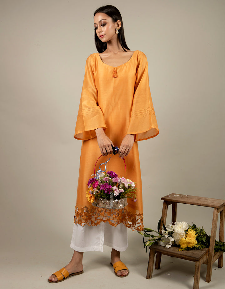 Orange chanderi silk straight-cut kurta with straight-cut cotton pants
