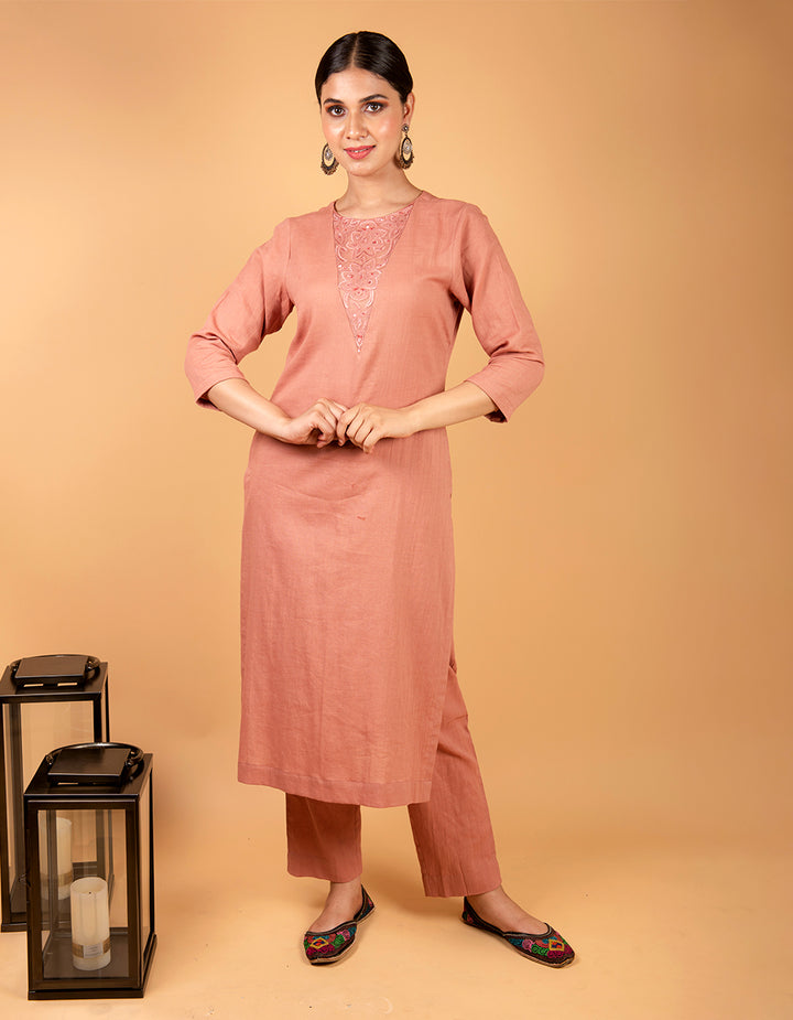 Peach cheese cotton straight-cut kurta