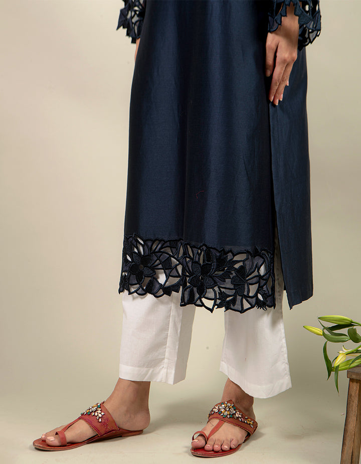 Blue chanderi silk straight-cut kurta with straight-cut cotton pants
