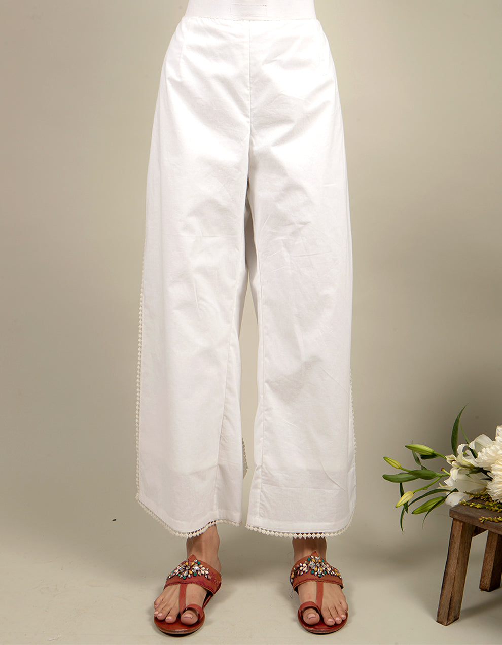 White cotton side cut pants