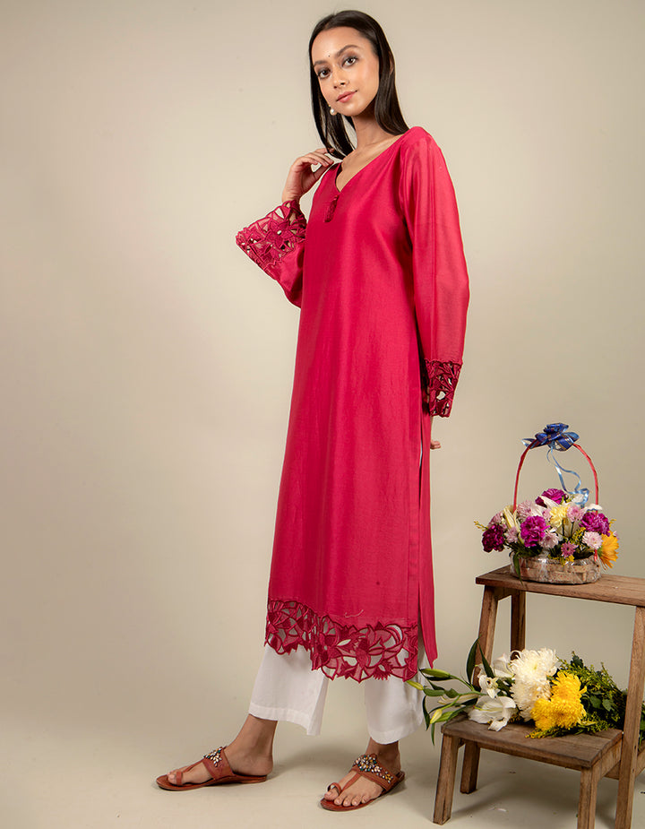 Magenta chanderi silk straight-cut kurta