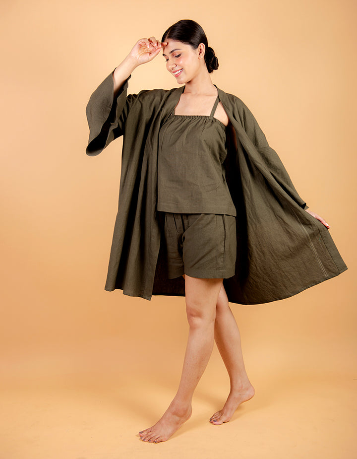 Green linen shirt with shorts and robe