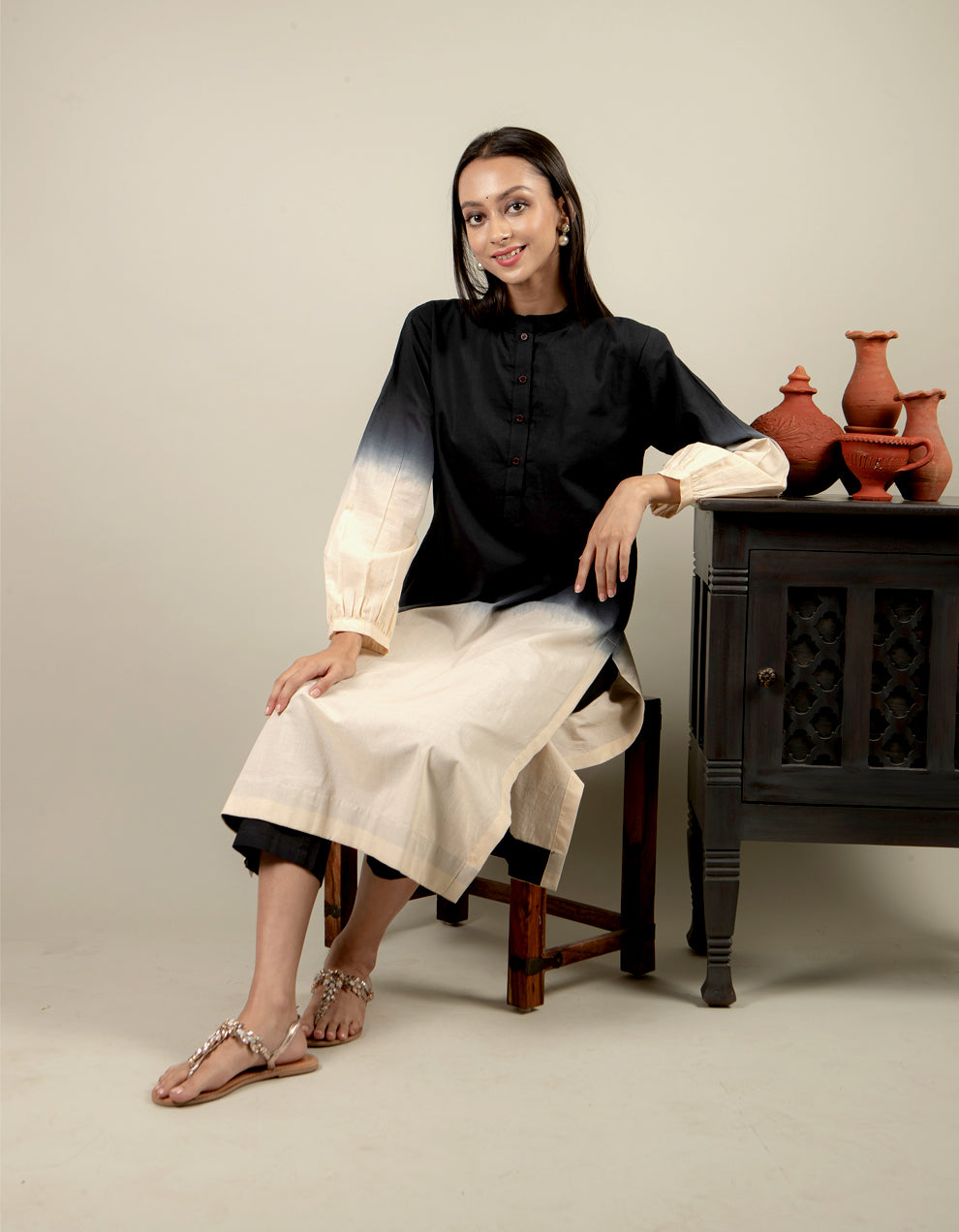 Black and Ivory dip-dyed cotton kurta