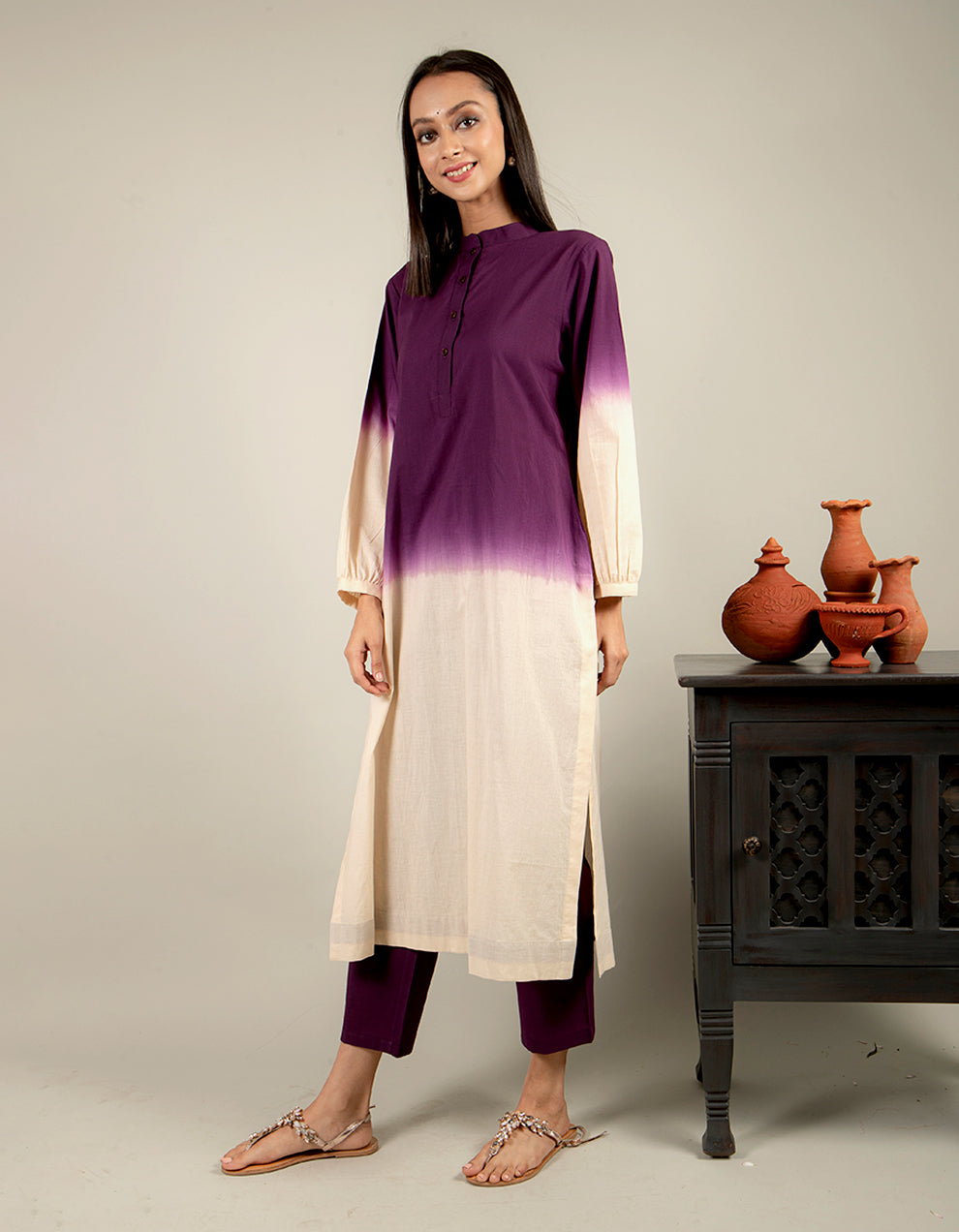 Purple and Ivory dip-dyed cotton kurta with straight-cut pants