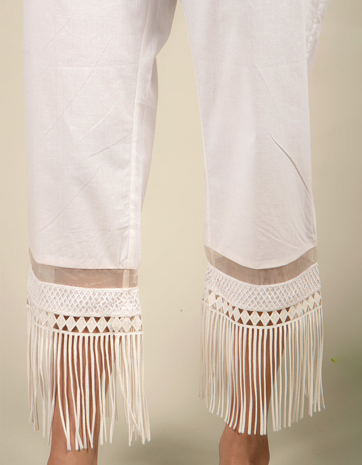 White cotton fringe pants