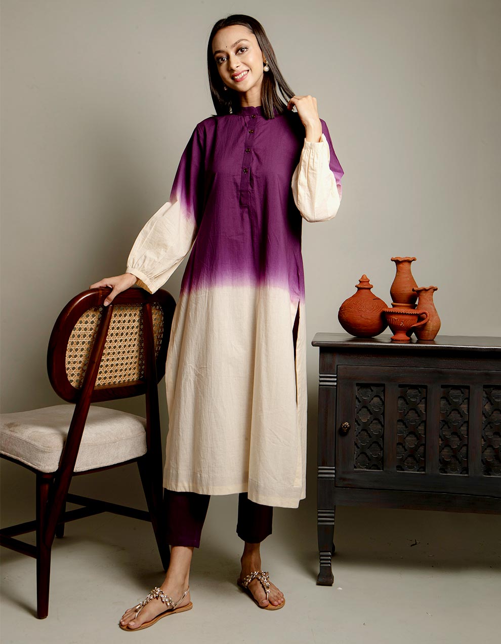 Purple and Ivory dip-dyed cotton kurta