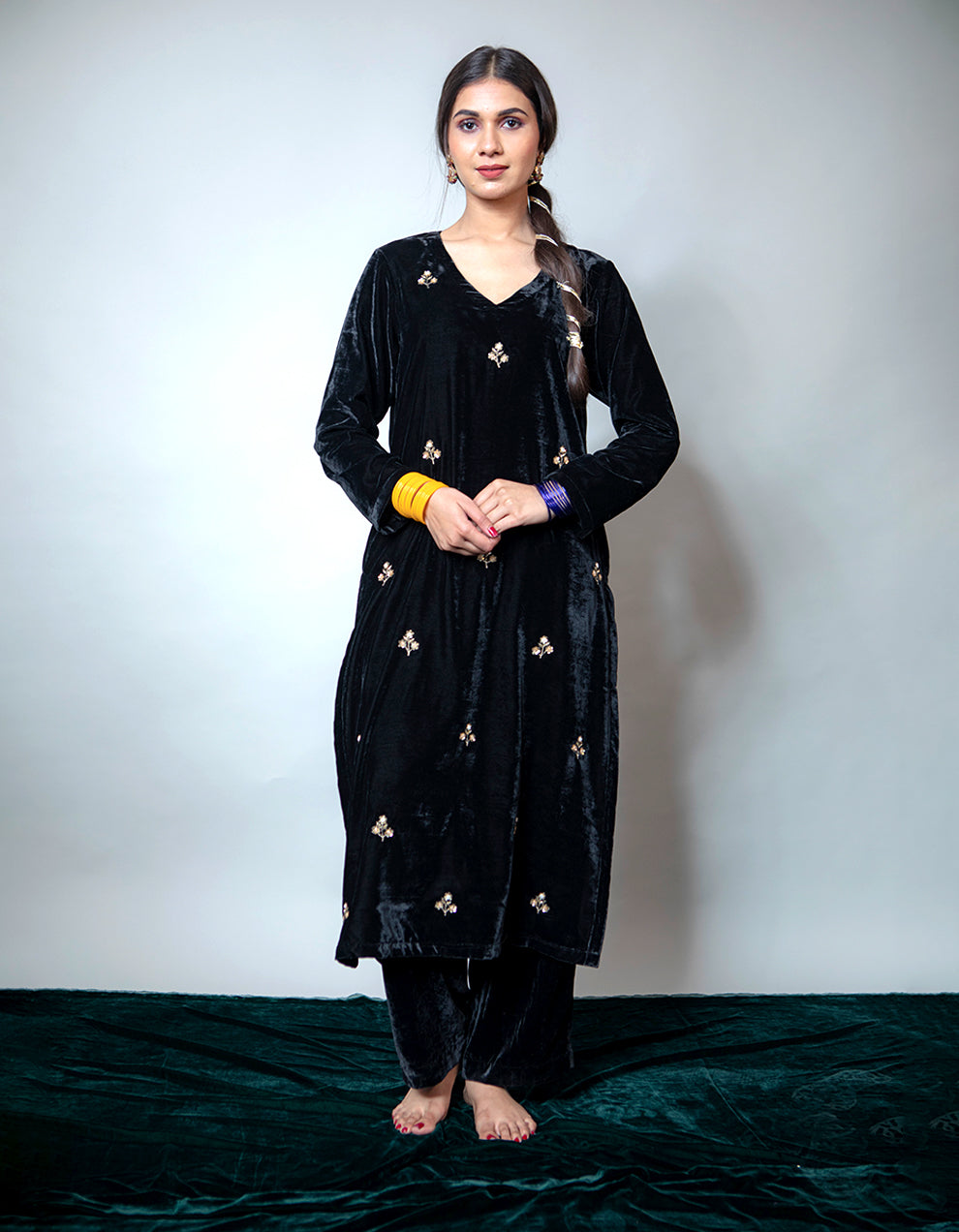 Black silk velvet embroidered kurta with pallazo pants