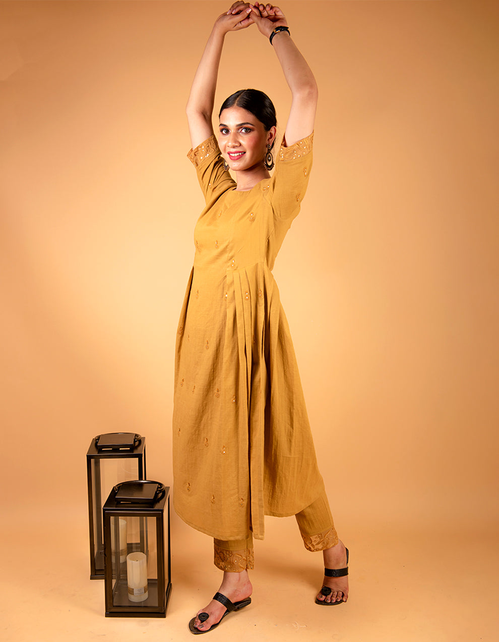 Mustard cheese cotton side-gathered kurta and pants