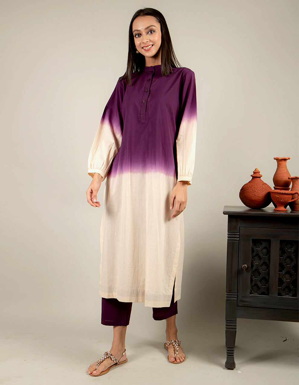 Purple and Ivory dip-dyed cotton kurta with straight-cut pants