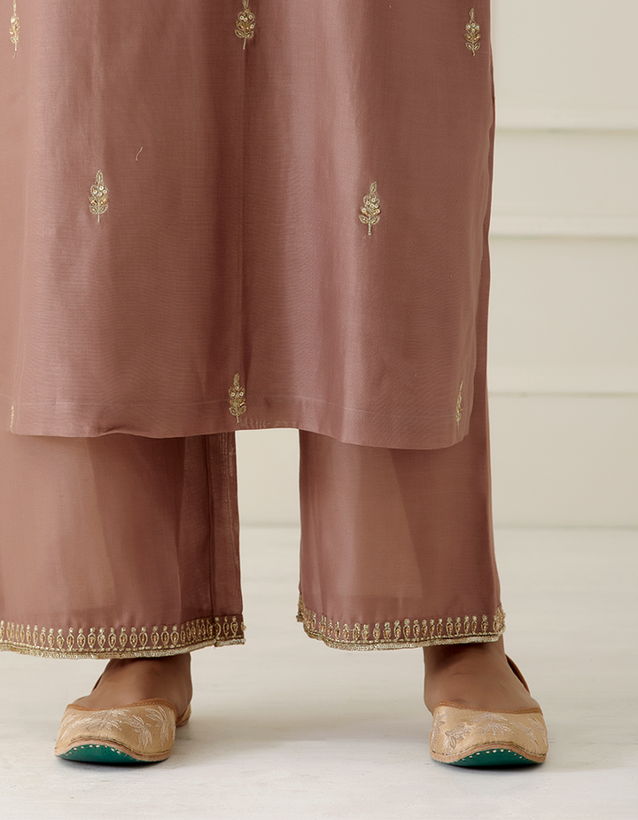 Dusty Rose Pink Embroidered Kurta With Palazzo And Dupatta