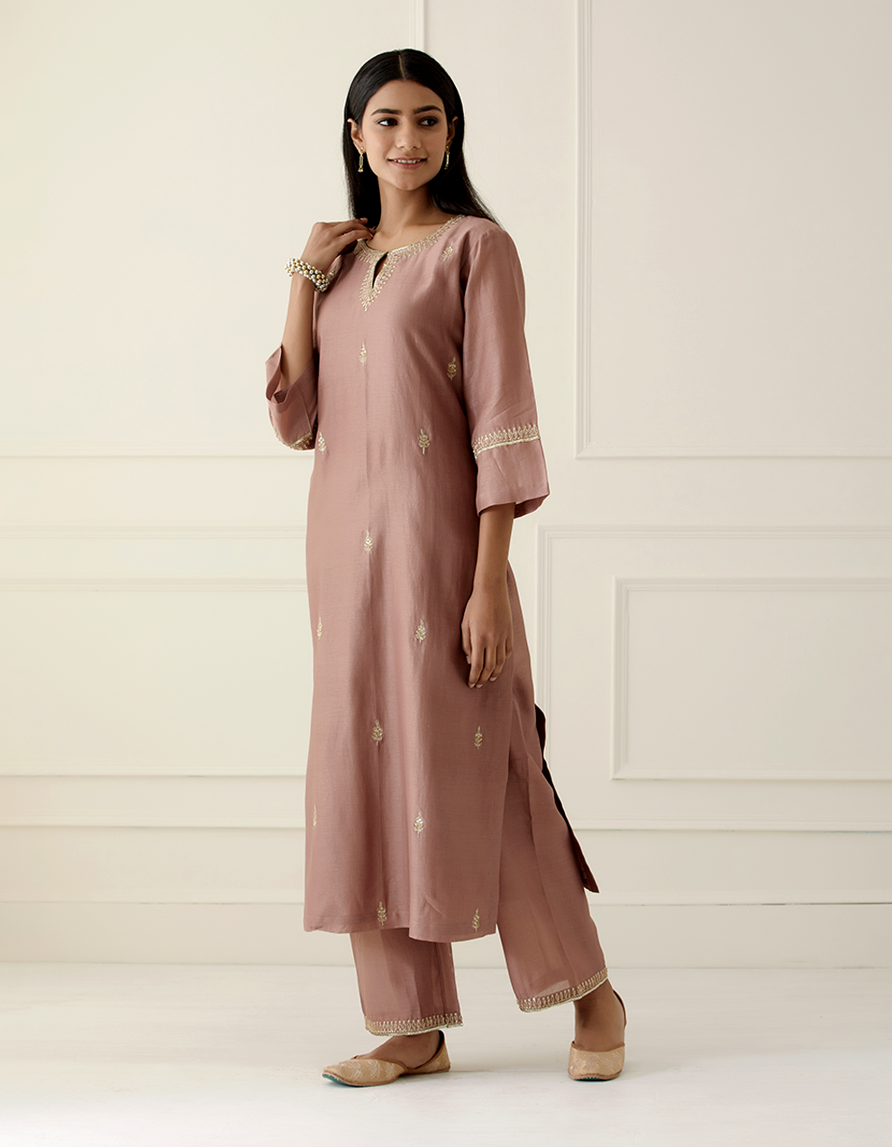 Dusty Rose Pink Embroidered Kurta With Palazzo And Dupatta