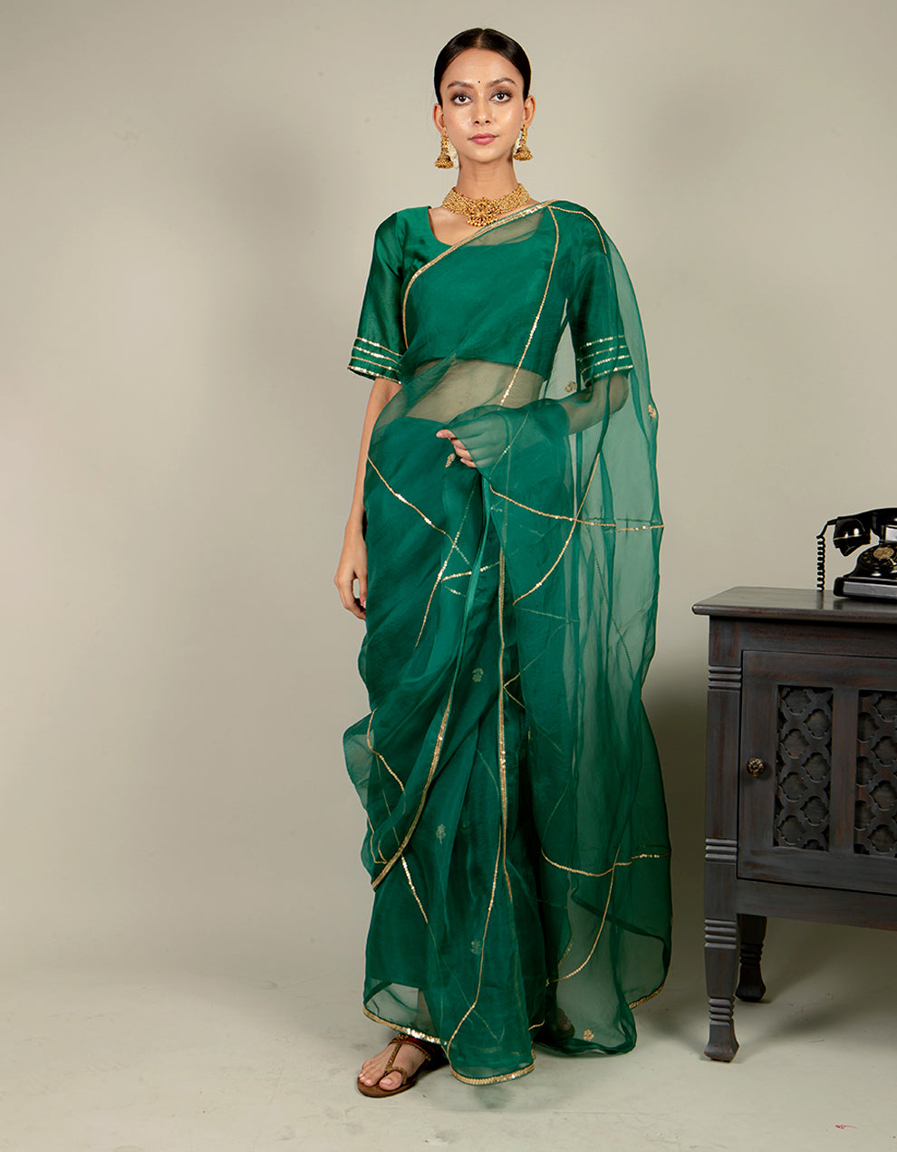 Buy-Green-Organza-Saree-with-chanderi-silk-blouse-and-satin-petticoat-dress-for-women-in-India