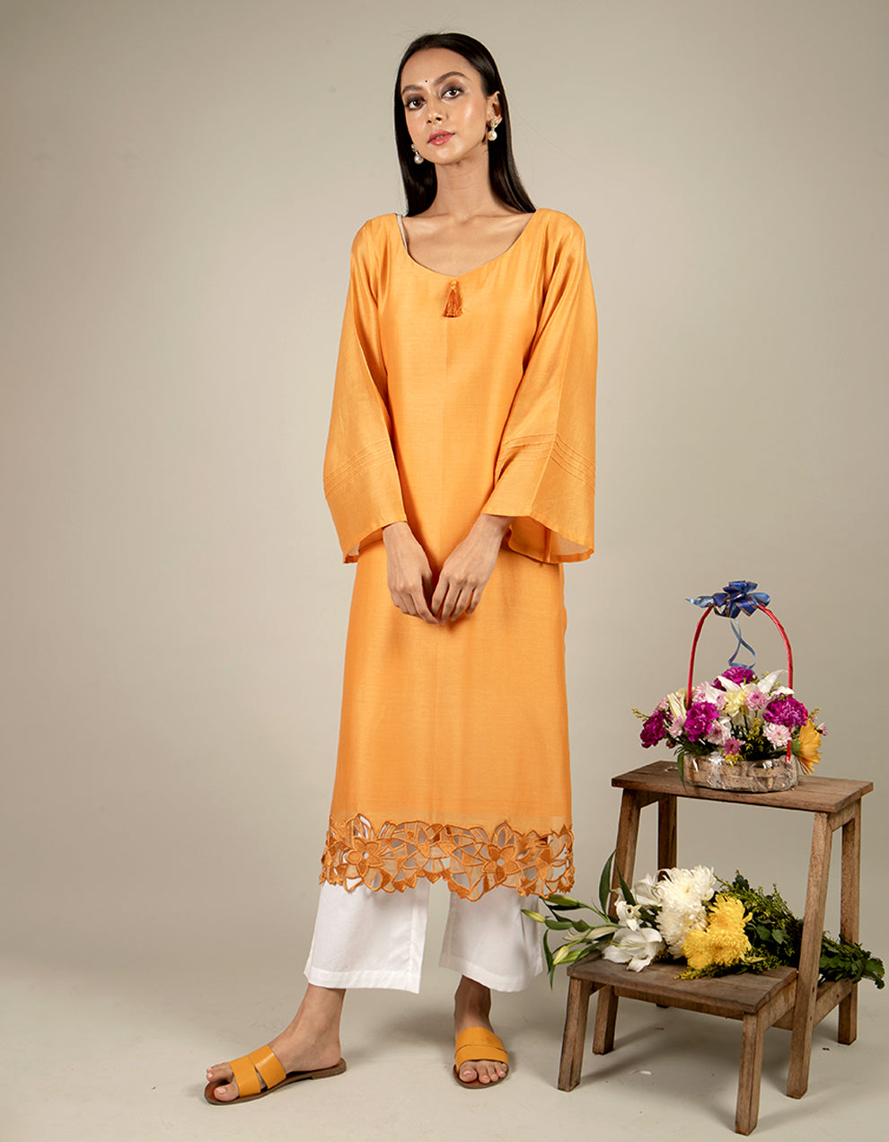Orange chanderi silk straight-cut kurta with straight-cut cotton pants