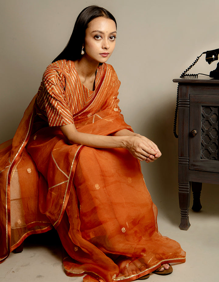 Buy-Orange-organza-saree-with-chanderi-silk-blouse-and-satin-petticoat-dress-for-women-in-India