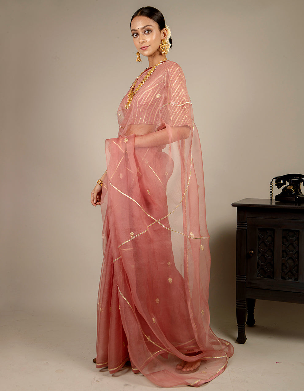 Pale Pink Organza Saree With Chanderi Silk Blouse And Satin Petticoat