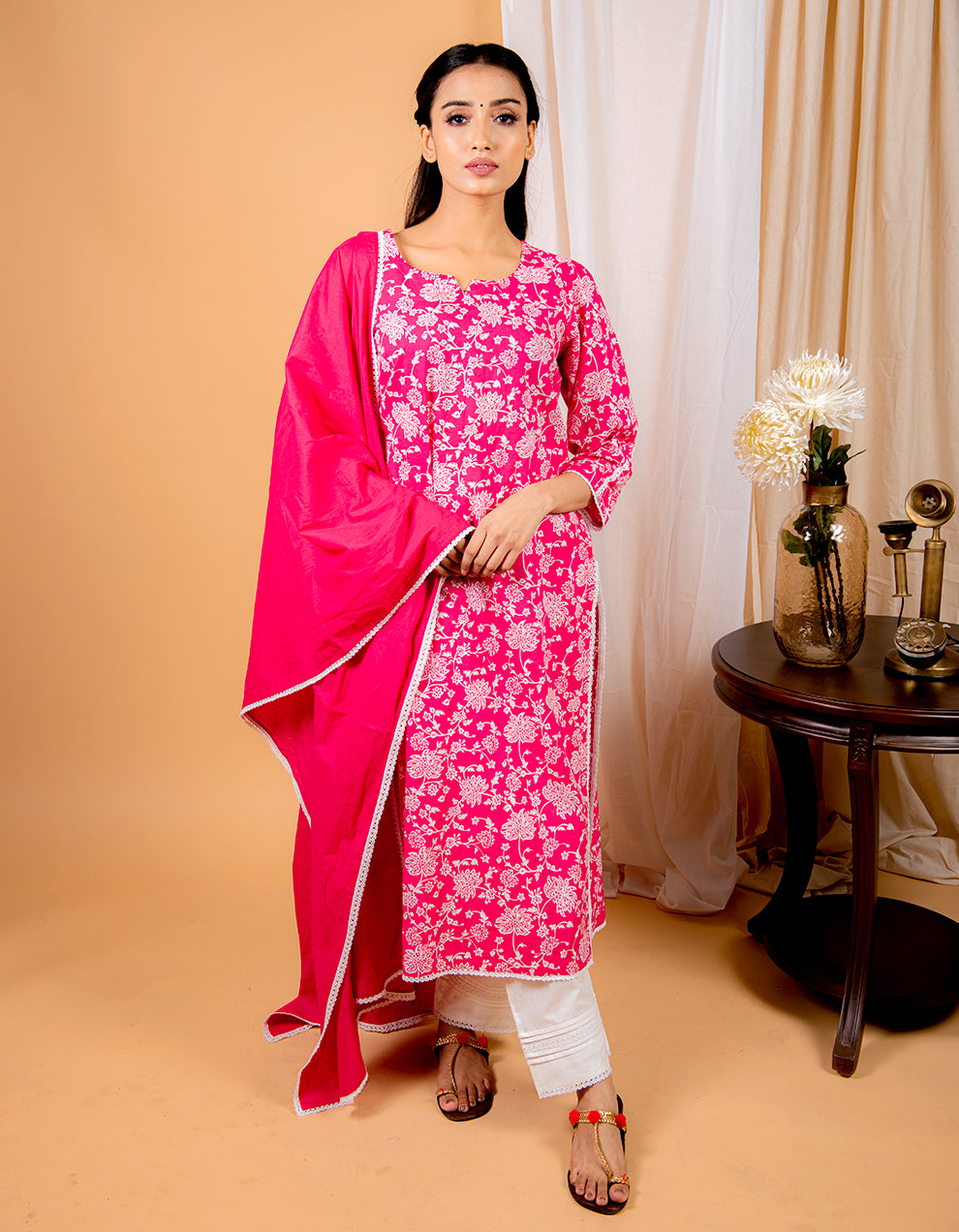 Buy-best-Magenta-cotton-lace-dupatta-dress-for-women-in-India