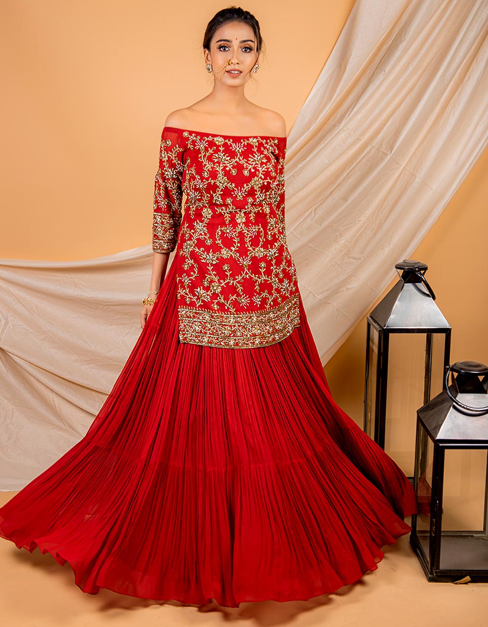 Buy-best-Red-embroidered-short-kurti-with-gathered-skirt-and-dupatta-dress-for-women-in-India
