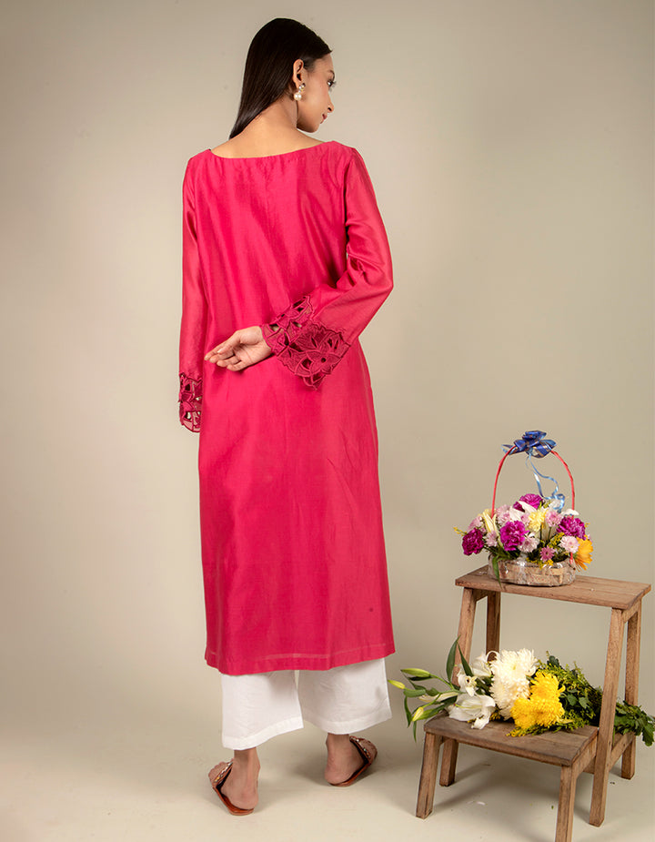 Magenta chanderi silk straight-cut kurta with straight-cut cotton pants