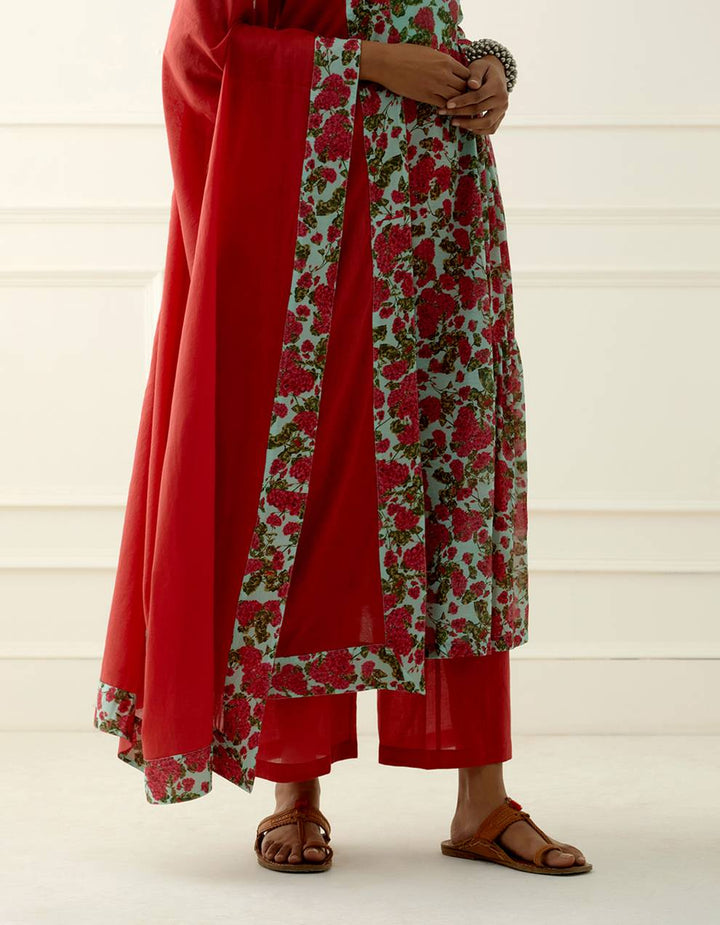 Green and Red Printed Mulmul Cotton Kurta with Cambric Cotton pants and Dupatta