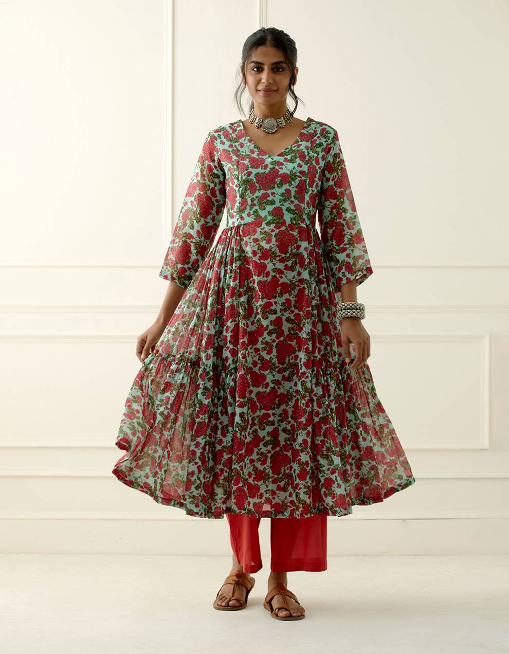 Green and Red Printed Mulmul Cotton Kurta with Cambric Cotton pants and Dupatta