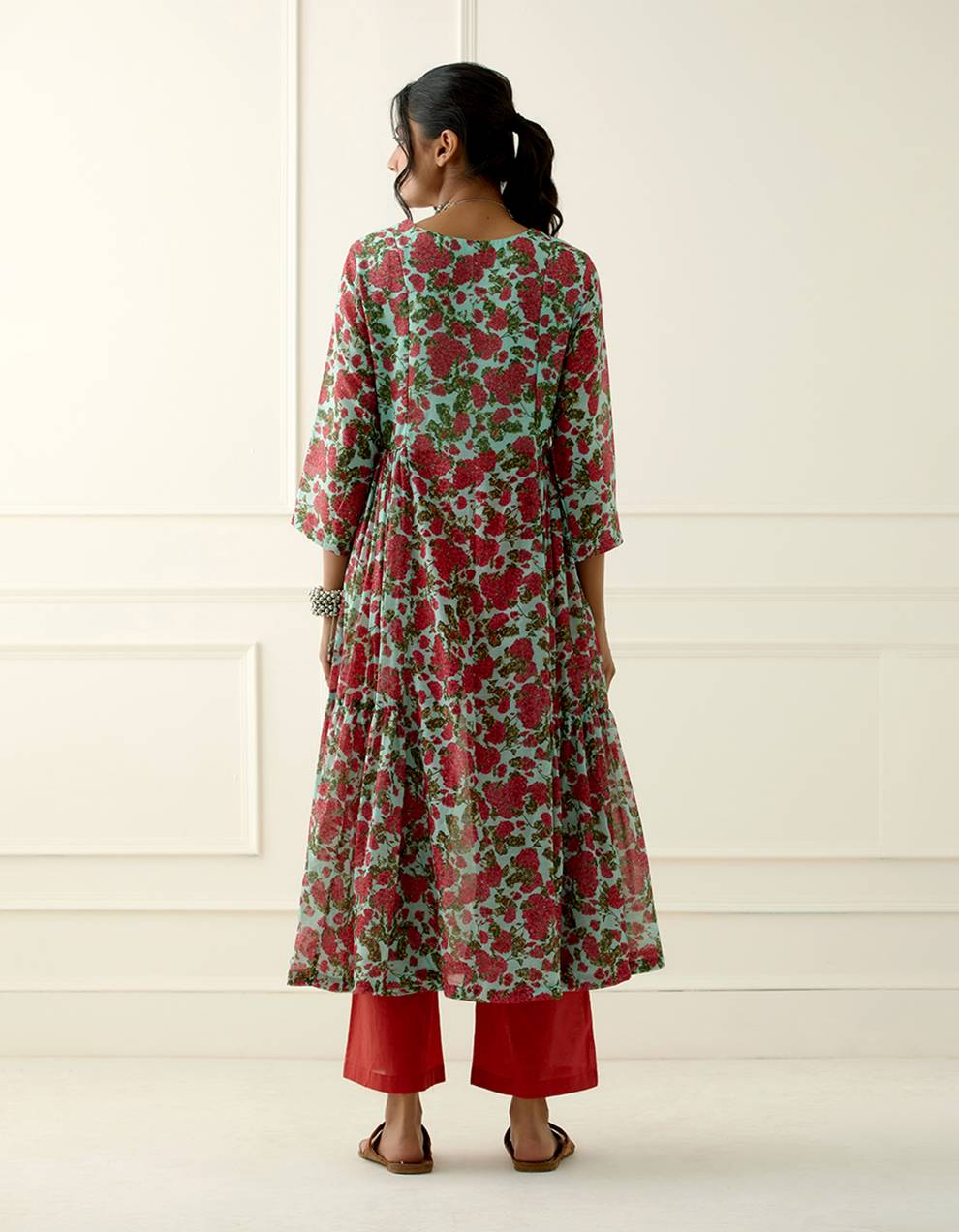 Green and Red Printed Mulmul Cotton Kurta with Cambric Cotton pants