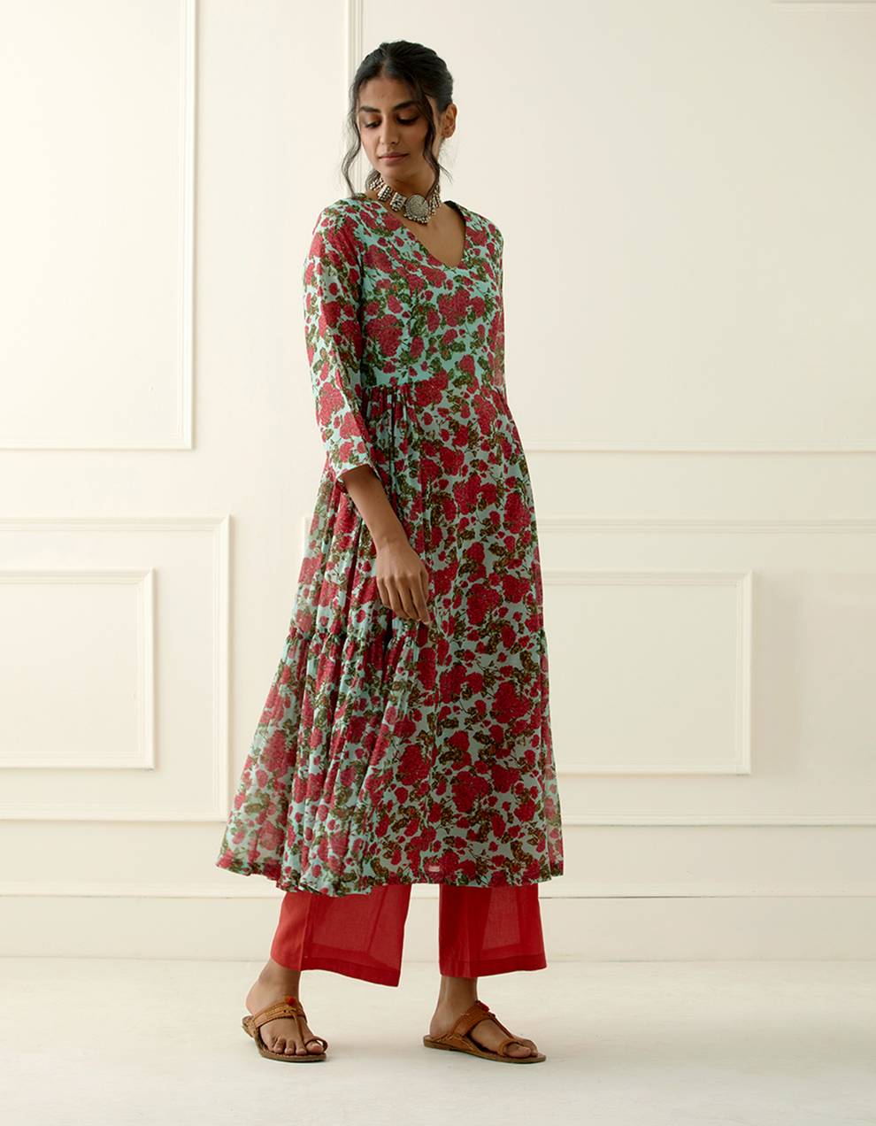 Green and Red Printed Mulmul Cotton Kurta with Cambric Cotton pants