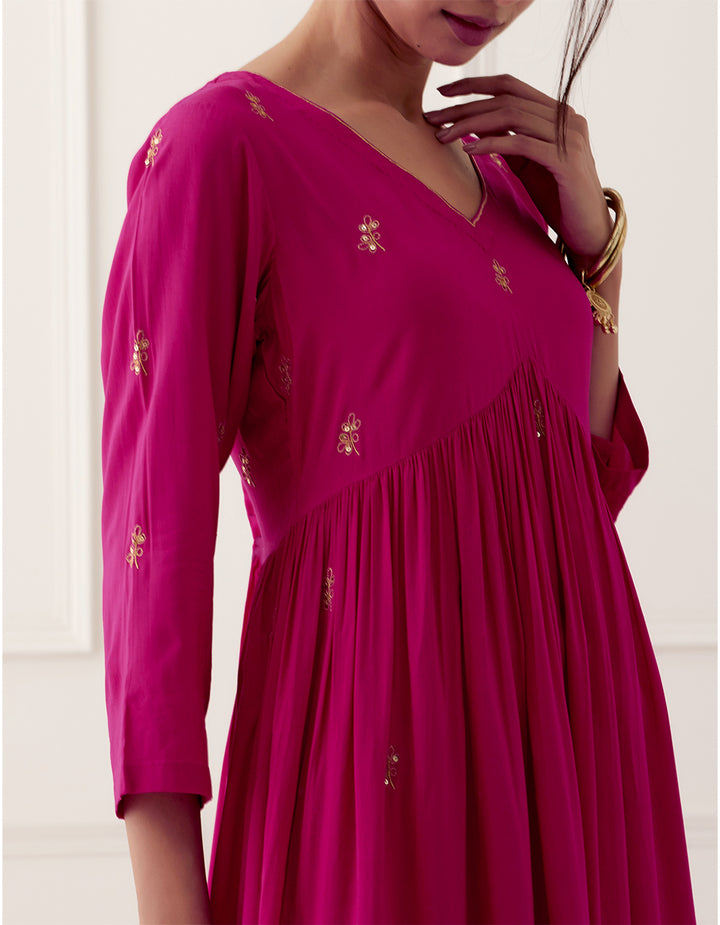 Magenta Embroidered Modal Cotton Kurta With Pants And Dupatta