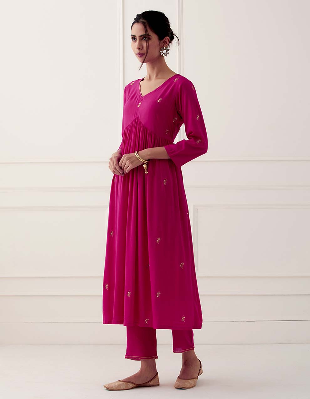 Magenta Embroidered Modal Cotton Kurta With Pants