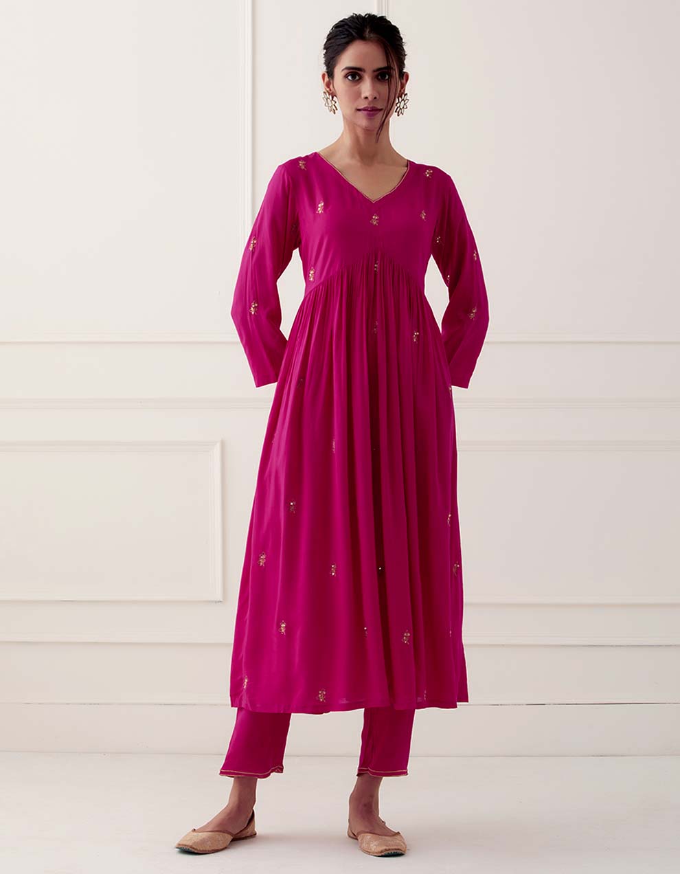 Magenta Embroidered Modal Cotton Kurta With Pants