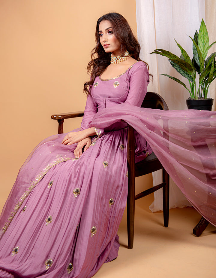 Buy-the-best-Plum-pink-embroidered-floor-length-suit-with-jacket-and-tissue-dupatta-for-women-in-India