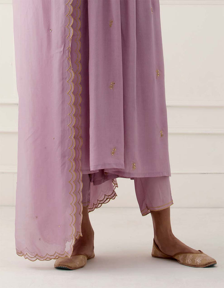 Lilac Embroidered Modal Cotton Kurta With Pants And Dupatta