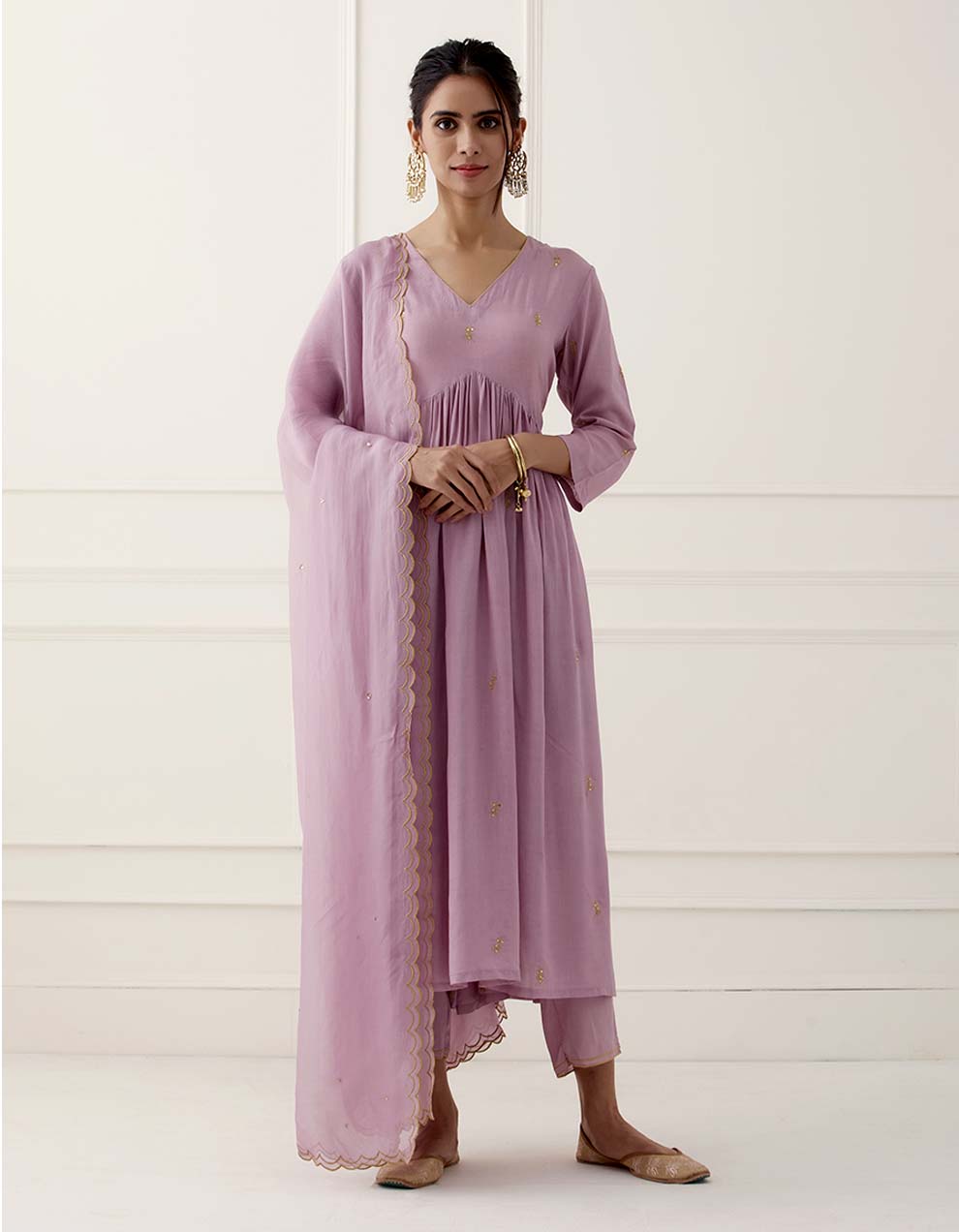Lilac Embroidered Modal Cotton Kurta With Pants And Dupatta
